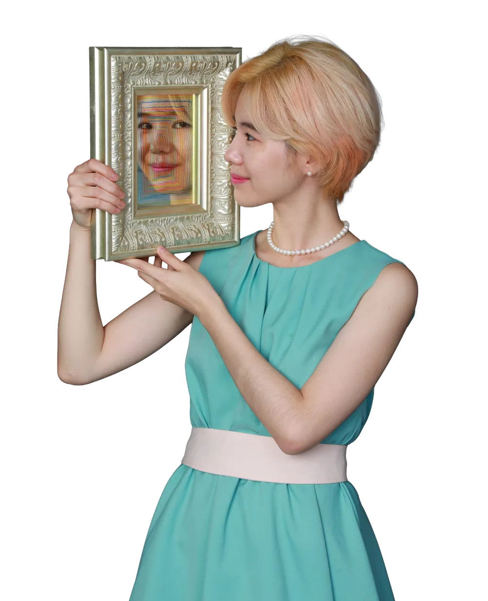 Joo Boram — portrait of the artist holding a small framed self-portrait drawing